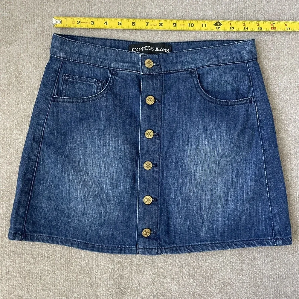 Express Denim Skirt Womens 4 Dark Wash Button Front Short Mini Stretch Denim